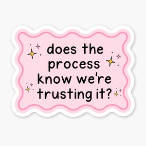May include: A rectangular sticker with a wavy pink border and a light pink background. The text in black reads, "does the process know we're trusting it?" The design is accented with small, four-pointed yellow and pink star icons.