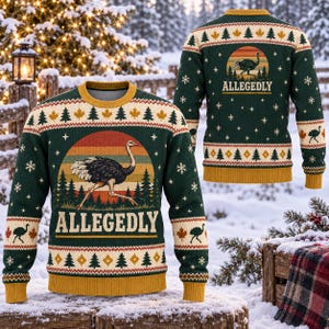 May include: A dark green long-sleeve knit jumper featuring a yellow crew neck, cuffs, and hem. The front and back display a graphic of an ostrich in front of a sunset and pine trees, with the text "ALLEGEDLY" below. The pattern includes snowflakes, maple leaves, and pine trees.