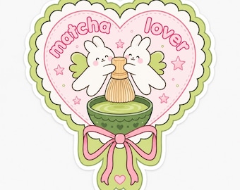 Matcha Lover Sticker, Cute Kawaii Bunny Vinyl, Green Tea Heart Sticker, Aesthetic Stationery Decor, Waterproof Laptop Water Bottle Gift.