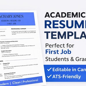 Peut inclure: Modèle de CV académique pour un premier emploi, avec un en-tête et un pied de page bleus. Le CV comprend des sections pour les coordonnées, l'éducation et l'expérience. Le texte "Best Seller" est dans un encadré orange. Modifiable dans Canva.