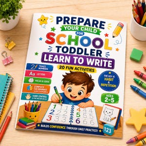 Op de afbeelding: Een kleurrijk werkboek getiteld "Bereid uw kind voor op school: Peuter leren schrijven" met een cartoonillustratie van een kind. Het boek bevat oefeningen voor het traceren van cijfers, letters en tekeningen voor kinderen van 2-5 jaar.
