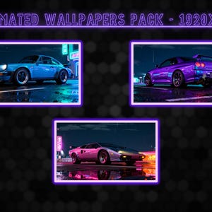 May include: A digital art image featuring three animated car wallpapers. The wallpapers showcase a blue Porsche, a purple Nissan Skyline, and a pink Lamborghini. The text "3 ANIMATED WALLPAPERS PACK - 1920X1080" is displayed at the top.