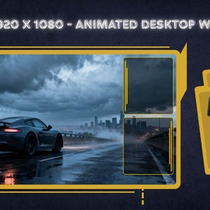 Puede incluir: Un organizador de fondo de pantalla digital con resolución de 1920 x 1080, un coche deportivo gris oscuro en un puente mojado y un horizonte urbano bajo un cielo nublado. El diseño incluye marcos amarillos y 35 iconos de escritorio cuadrados.