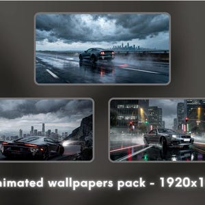 Puede incluir: Tres fondos de pantalla animados con coches deportivos conduciendo bajo la lluvia. Las imágenes muestran coches en carreteras mojadas con paisajes urbanos de fondo. Se muestra el texto "3 animated wallpapers pack - 1920x1080".