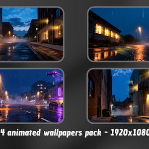 Puede incluir: Paquete de cuatro fondos de pantalla animados con paisajes urbanos nocturnos. Las imágenes muestran calles mojadas que reflejan el brillo de las farolas y las luces de los edificios. El texto "4 animated wallpapers pack - 1920x1080" es visible en la parte inferior.