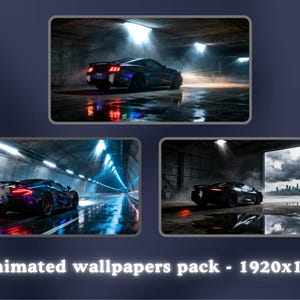 Könnte beinhalten: Drei animierte Wallpaper-Paket mit Sportwagen in verschiedenen Umgebungen. Die Bilder zeigen ein blaues Auto in einem Tunnel, ein schwarzes Auto in einer Garage und ein blaues Auto in einer nassen Umgebung. Der Text lautet "3 animated wallpapers pack - 1920x1080".