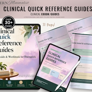 May include: A digital collection of Clinical Quick Reference Guides for therapists, featuring a 30-page ebook and workbook with pastel watercolor backgrounds, green accents, and text including Clinical Quick Reference Guides and 30 Pages.