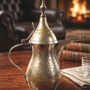 May include: A metallic dallah coffee pot with a tall, pointed lid, a curved handle, and a long, slender spout. The body features an engraved design of a palm tree and crossed swords with the text SAUDI ARABIA centered within an oval frame.