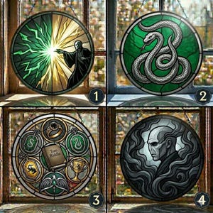 May include: Four round stained glass window hangings. The first features a green and gold lightning bolt design with a dark figure. The second has a green background with a white snake. The third has various symbols and text. The fourth has a gray portrait.