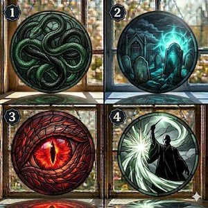 May include: Four round stained glass window hangings. The first depicts a green snake, the second a graveyard scene with a glowing tombstone, the third a red eye, and the fourth a dark figure with a wand and green light.