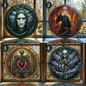 May include: Four round stained glass window hangings with images of a character with a snake, a figure with a wand, a heart, and a skull with a snake. Each piece has a metal chain for hanging.