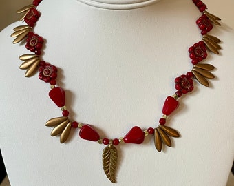 Rich RED CZECH Glass Necklace, Leaf Pendant, 18 inches, Flower Beads, Bronze Accents, **SOLD**