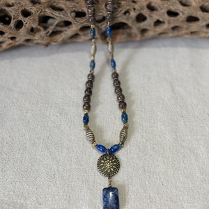 LAPIS & JASPER BOHO Necklace with Brass Specialty Beads, Lapis Pendant, 20 Inches