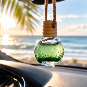 May include: A spherical glass car air freshener bottle filled with a light green liquid and dark green glitter at the base. The bottle features a light-colored wooden cap and is suspended by a thick, natural-toned jute twine rope.