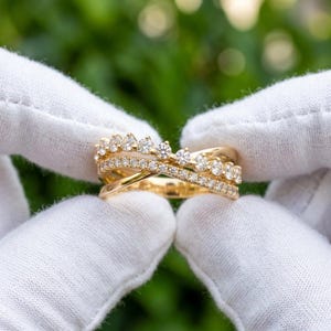 Luxury Real Natural Round Diamond Stackable Ring Set, 14K Yellow Gold Pave Diamond Bands, Minimalist Wedding Ring, Fine Jewelry Gift for Her