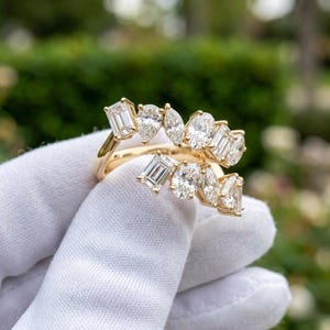 3CTW Multi-Shape E VVS2/VS1 Lab Grown Diamond Toi et Moi Ring | Gold Open Wrap Band | Unique Pear, Marquise, Emerald & Oval Diamond Ring