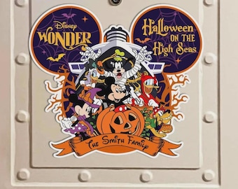 Personalized Halloween on the High Seas Disney Cruise Magnet, Mickey Minnie Stitch Winnie The Pooh Halloween Family Cruise Stateroom Door