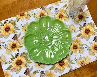 Set of Four Reversible Fabric Placemats / Birds & Sunflowers / Bumblebees