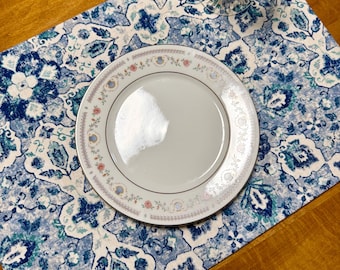 Set of Four Reversible Place Mats / Persian Geometric Florals / Navy Checkered Grid