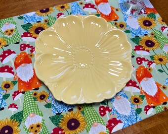Set of Four Reversible Fabric Placemats / Spring Garden Gnomes & Small Leaf Pattern