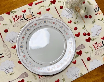 Set of Four Reversible Place Mats / Kitchen Baking Theme & Red Polka Dot