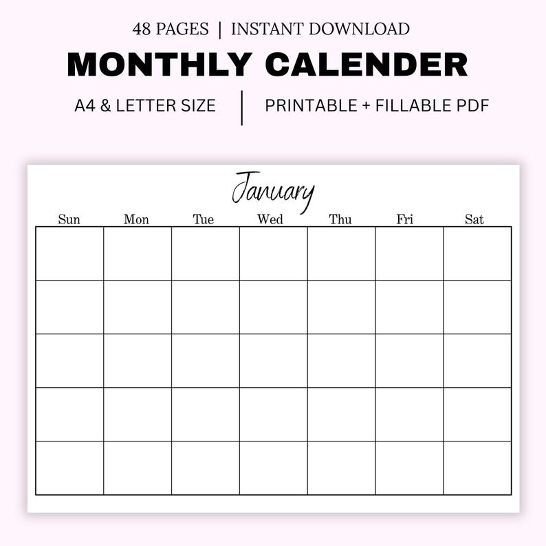 Minimalist Undated Monthly Calendar | A4, Letter Size, Printable PDF - Etsy