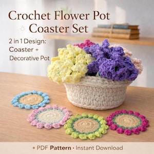 Crochet Flower Pot Coaster Set Pattern, Floral Coasters with Basket (PDF Pattern)
