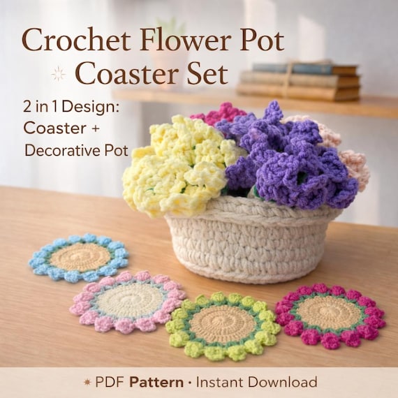 Crochet Flower Pot Coaster Set Pattern, Floral Coasters with Basket (PDF Pattern)