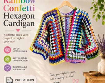 Rainbow Confetti Hexagon Cardigan Crochet Pattern | Scrap Yarn Sweater (PDF Pattern)