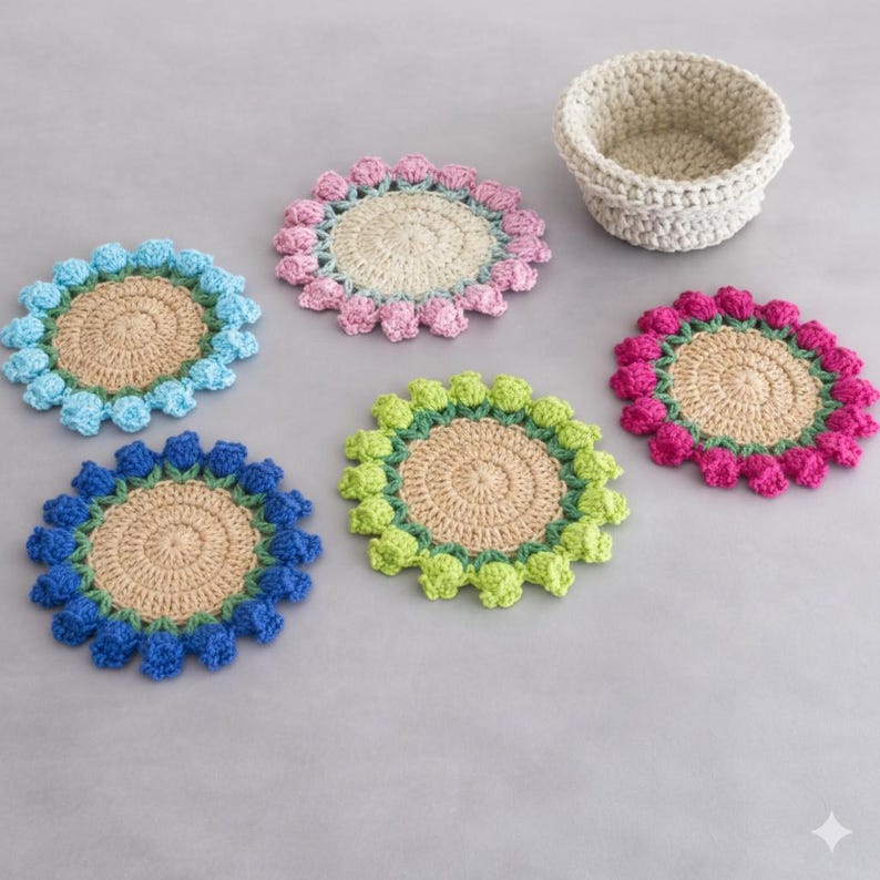 May include: A collection of handmade crochet coasters in various colors, including blue, pink, green, and blue. Each coaster features a central tan circle surrounded by a ring of colorful bobbles. A matching crochet basket is also present.