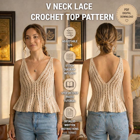 V-Neck Lace Crochet Top Pattern, Beginner Boho Tank Tutorial (PDF)