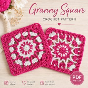 May include: Two square crochet motifs featuring a central white and magenta floral design with intricate stitching. The text reads Granny Square CROCHET PATTERN and PDF PATTERN. The motifs are displayed alongside white flowers and magenta yarn.