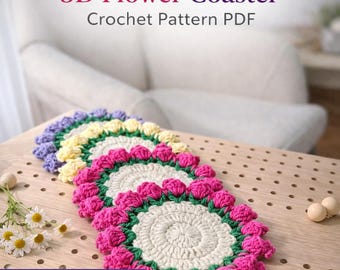 3D Floral Coaster Crochet Pattern PDF | Puff Stitch Flower | Advanced Beginner | Instant Download
