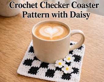 Crochet Checkerboard Coaster Pattern with Daisy | Modern Granny Square (PDF Download)