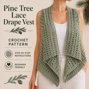 May include: A sage green Pine Tree Lace Drape Vest. The open-weave vest is crocheted and has a draped front. The image includes text that reads "Pine Tree Lace Drape Vest", "Crochet Pattern", "Step-by-step instructions", and "Beginner Friendly".