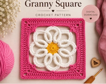 Crochet Daisy Granny Square Pattern PDF, 3D Flower Granny Square, Lace Floral Motif, Loop Petal Crochet Pattern, Instant Download