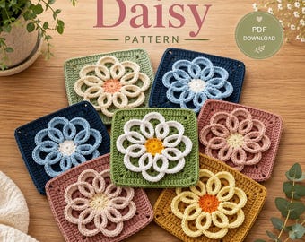 Loop Petal Daisy Granny Square Crochet Pattern | 3D Flower Motif PDF (Digital Download)