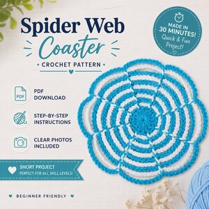 May include: A crochet pattern for a spider web coaster featuring text that reads Spider Web Coaster, PDF Download, Step-by-Step Instructions, Clear Photos Included, Made in 30 Minutes, and Short Project. The coaster is white and bright blue.