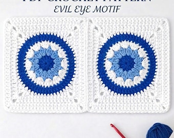 Evil Eye Granny Square Crochet Pattern | Blue Motif PDF (Instant Download)