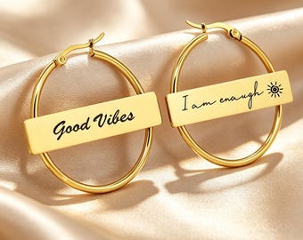 Custom Engraved Bar Tag Hoop Earrings Minimal Personalized Text Circle Ear Rings