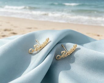 Custom Curved Script Name Stud Earrings Personalized Letter Ear Jewelry