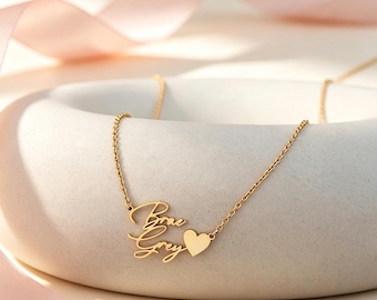 Personalized Two Names Solid Heart Necklace, Custom Name Pendant, Dainty Couple Necklace, Gift for Girlfriend Best Friend