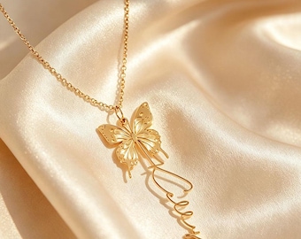 Personalized Butterfly Name Necklace, Custom Engraved Pendant, 45cm, Gift