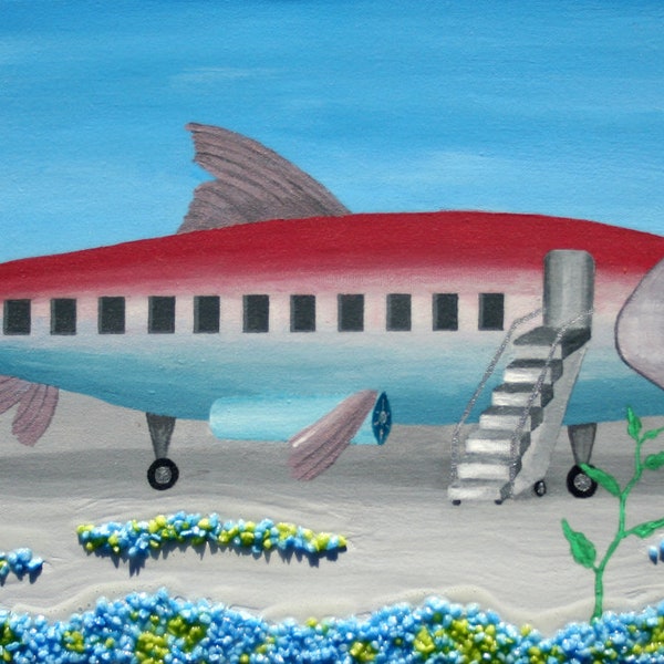 nautical art, ocean, fish painting, mixed media art, whimsical nursery decor, surreal art, dali, aviation art, flying fish, beach decor
