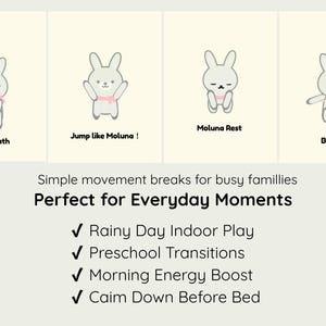 May include: A light beige graphic with four cartoon bunnies demonstrating simple movements: Big Breath, Jump like Moluna!, Moluna Rest, and Balance. Text below reads "Simple movement breaks for busy families" and "Perfect for Everyday Moments."