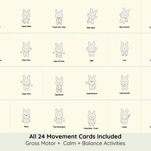 May include: A set of 24 movement cards featuring a cartoon bunny demonstrating various exercises. Each card has a different pose and activity name, such as "Jump Like Maluna" and "Touch Your Toes." The cards are designed for gross motor, calm, and balance activities.