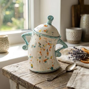 Maceta de cerámica con diseño de criatura salpicada a mano - Tarro de almacenamiento de cocina original
