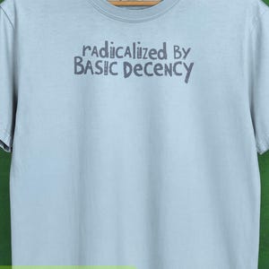 Pode incluir: Uma camiseta chambray azul claro com o texto "radicalized by basic decency" em letras cinzentas. A camiseta está pendurada em um cabide de madeira contra um fundo verde. A marca "Comfort Colors" é visível.