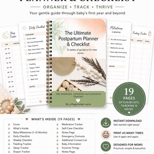 May include: The Ultimate Postpartum Planner & Checklist. A spiral-bound planner with a green cover and text. Includes checklists, trackers, and notes for new moms. Features sections for baby milestones, feeding, and sleep tracking. Includes 19 pages.