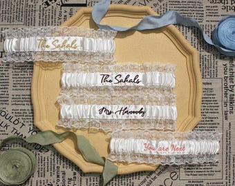 Custom Embroidered Lace Wedding Bridal Garter with Name, Something Blue